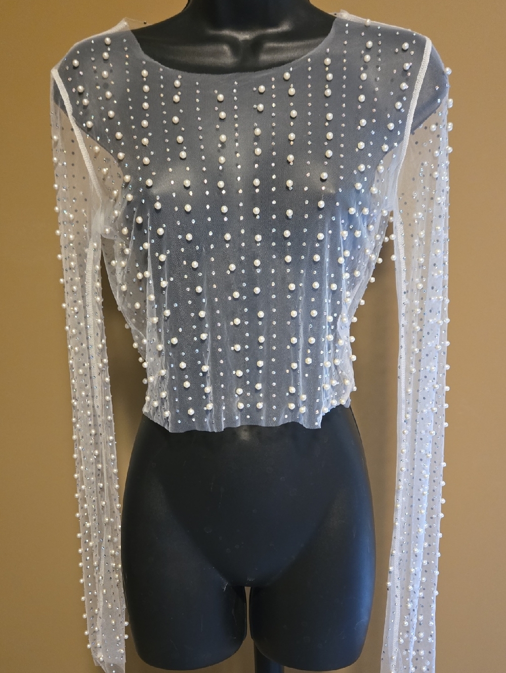 Pearl And Stones-Embellished White Sheer Long-Sleeve Crop Top NWOT SM